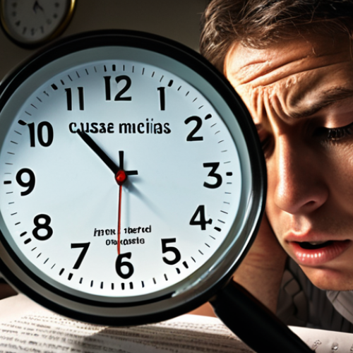 Home 4 **
A person looking stressed while taking a search exam. The scene is dimly lit, with a clock looming large in the background, symbolizing time pressure. Blurred text and search results swirl around the person, emphasizing the feeling of being overwhelmed by information overload. A magnifying glass highlights the words "causas" and "consecuencias" to represent confusing similar terms. Style: Realistic, slightly dramatic lighting.
**