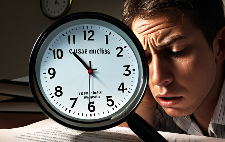 **
A person looking stressed while taking a search exam. The scene is dimly lit, with a clock looming large in the background, symbolizing time pressure. Blurred text and search results swirl around the person, emphasizing the feeling of being overwhelmed by information overload. A magnifying glass highlights the words "causas" and "consecuencias" to represent confusing similar terms. Style: Realistic, slightly dramatic lighting.
**