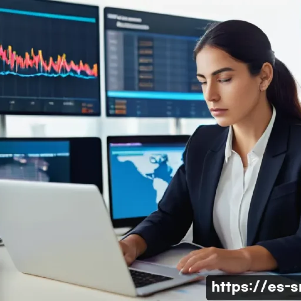 인터넷정보검색 자격증 취득 후 해외 취업 성공 후기 - A professional Spanish-speaking woman in a modern office setting, attentively analyzing multiple dig...