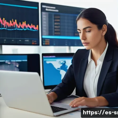 인터넷정보검색 자격증 취득 후 해외 취업 성공 후기 - A professional Spanish-speaking woman in a modern office setting, attentively analyzing multiple dig...