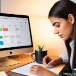 인터넷정보검색 실기 시험 대비 자동화 검색 공부법 - A detailed digital illustration of a young Hispanic professional woman sitting at a modern desk in a...