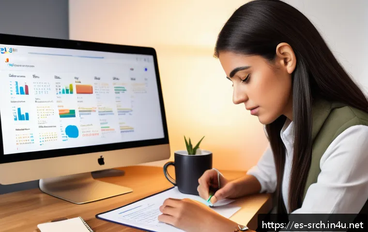 인터넷정보검색 실기 시험 대비 자동화 검색 공부법 - A detailed digital illustration of a young Hispanic professional woman sitting at a modern desk in a...