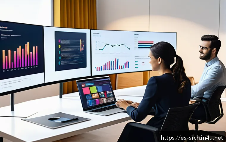 인터넷정보검색 실무와 관련된 자동화 검색 도구 사례 - A modern digital workspace showing a diverse group of young professionals collaborating in a bright,...